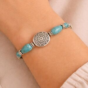 Boho Turquoise Bead Silver Tone Bracelet
